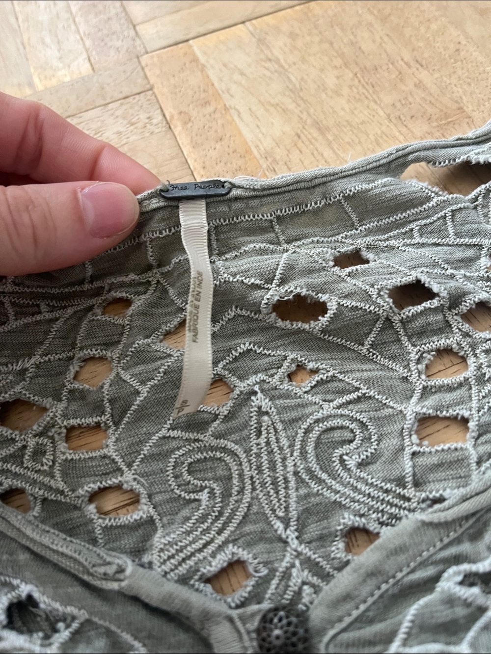 Free People Crochet Long Sleeve Tee in Olive/Grey Flawed* - Picture 2 of 7